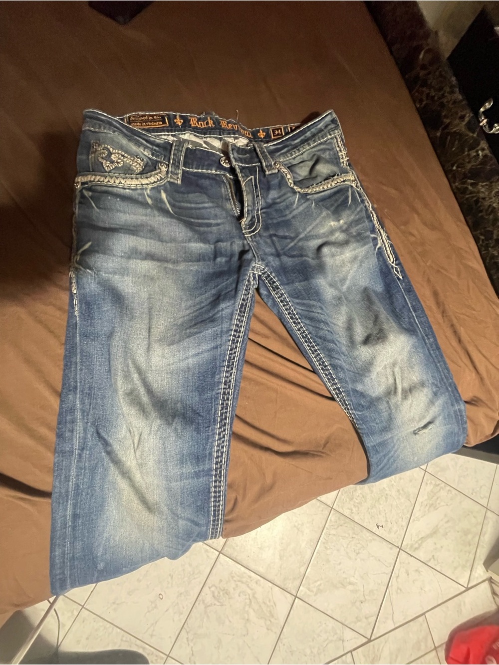 Rock Revival Men’s Boot Cut Jeans in Distressed Blue